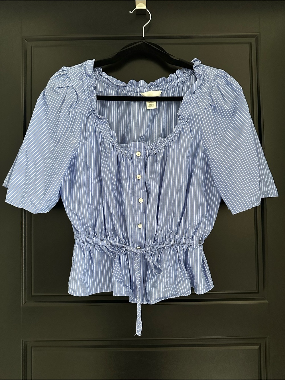 H&M Blue and White Striped Button-Front Tie Waist Peasant Top